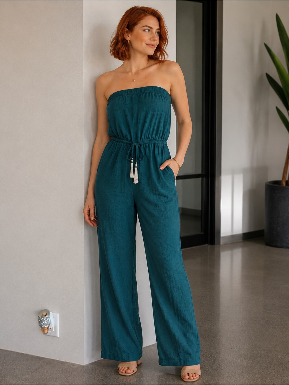 YFB Strapless Teal Wide-Leg Crepe Jumpsuit with Drawstring Waist Sz M